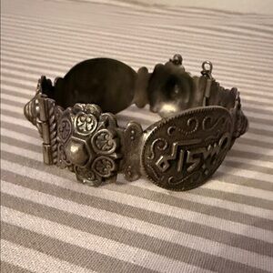 Vintage Wide Moroccan Berber Silver Hinged Bangle Bracelet w Arabic letters 9in